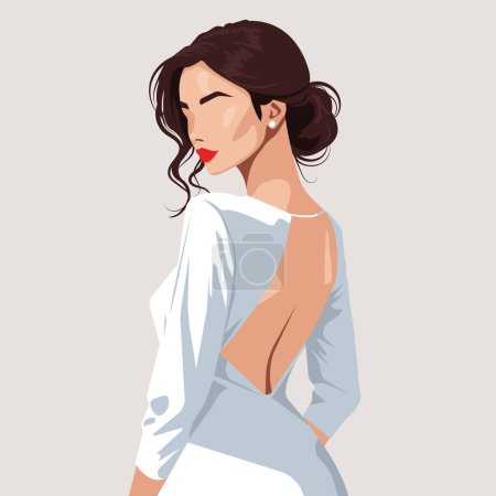 Custom vector fashion illustration of a beautiful young bride with abstract face in an elegant backless wedding dress. Back view.