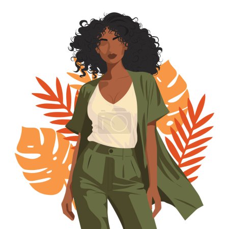 Illustration vectorielle de mode plate d'une jeune femme africaine avec des boucles dans des vêtements d'été confortables et élégants sur un fond de plantes tropicales.