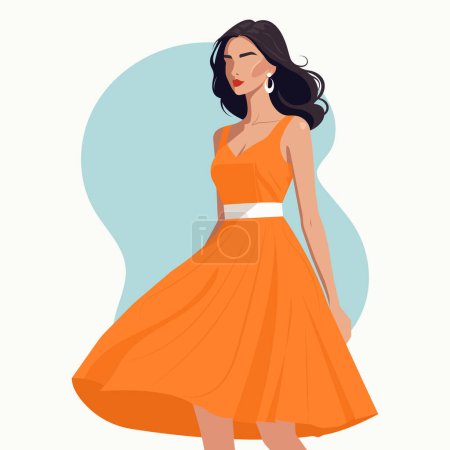 Illustration for Vector flat fashion illustration of a young beautiful woman in a stylish orange dress. - Royalty Free Image