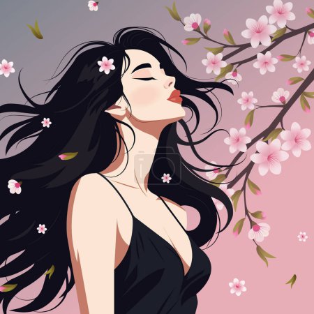 Vektor-Illustration einer jungen schönen Frau mit langen schwarzen Haaren unter einem Ast aus blühendem Sakura.