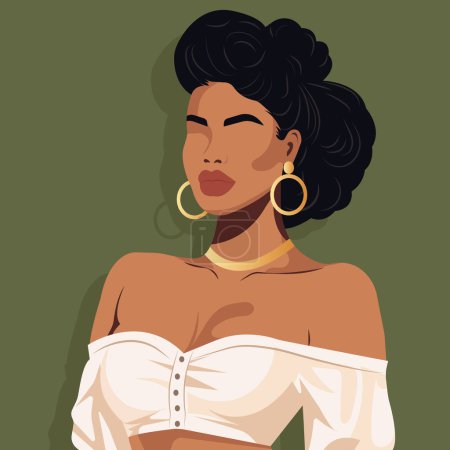Vector flat fashion illustration of a sexy African curvy woman in a stylish blouse with bare shoulders.