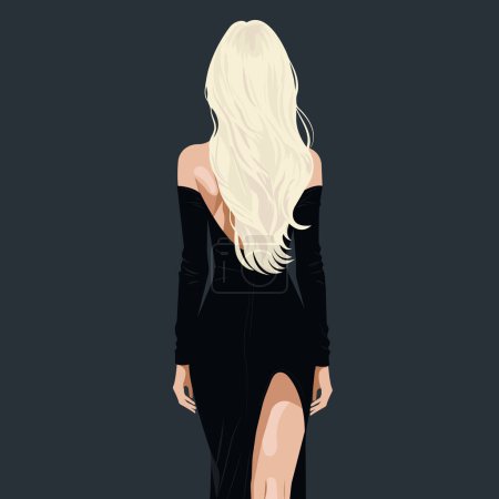 Vector flat fashion illustration of a beautiful sexy blonde young woman in an elegant black dress with a bare back and shoulders, and a slit on the leg. Back view.