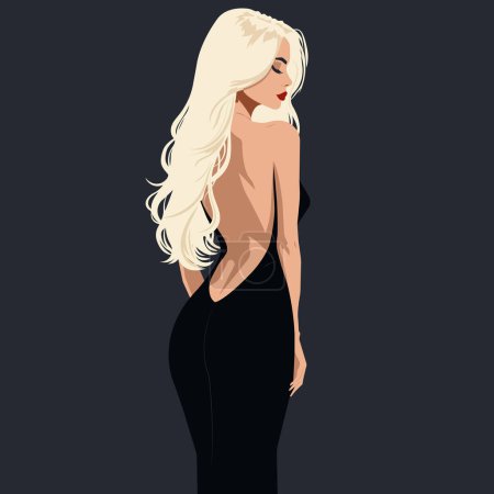 Vector flache Mode Illustration einer schönen sexy blonden jungen Frau in einem eleganten schwarzen Kleid mit nacktem Rücken und Schultern. Rückseite.