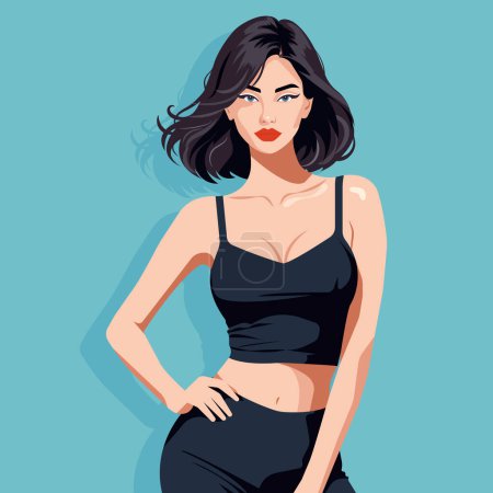 ector flat fashion illustration of a young sexy woman in a black short sports top and leggings.