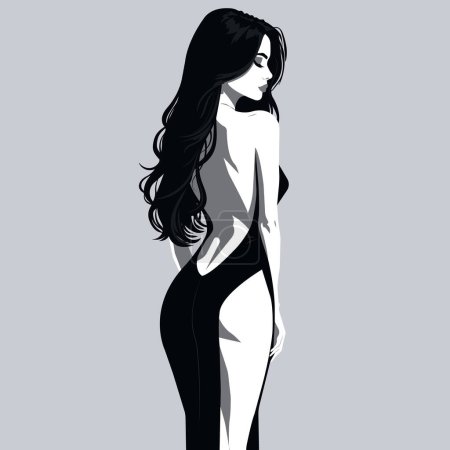 Vector monochrome flat fashion illustration of a young sexy girl in a stylish backless dress with a slit on the leg. Back view.