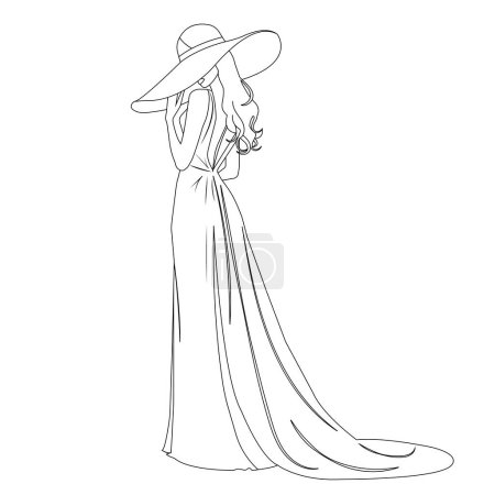 Vektorkonturzeichnung einer eleganten geheimnisvollen jungen Frau mit Hut und langem Kleid mit Schleppe.