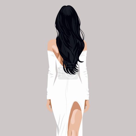 Vector flat fashion illustration of a beautiful sexy bride in an elegant wedding dress with a bare back and shoulders, and a slit on the leg. Back view.