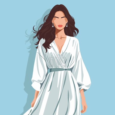 Vector flat fashion illustration of a young woman wearing an elegant long wrap dress.