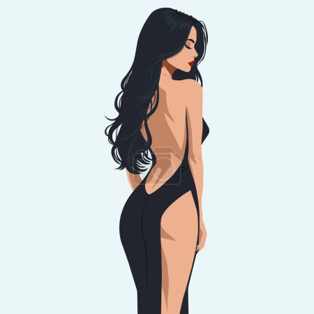 Vector flat fashion illustration of a young sexy girl in a stylish backless dress with a slit on the leg. Back view.