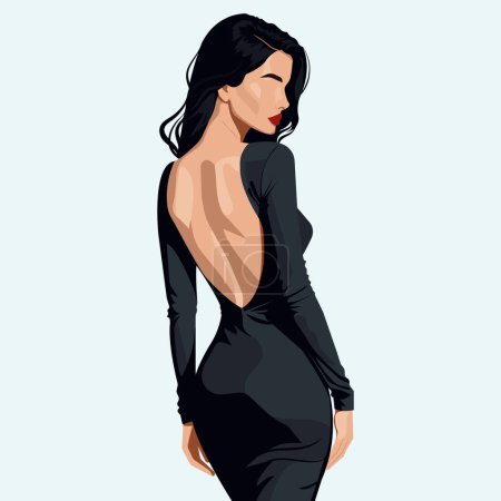 Vector flat fashion illustration of a beautiful sexy young woman in an elegant dress with a bare back. Back view.