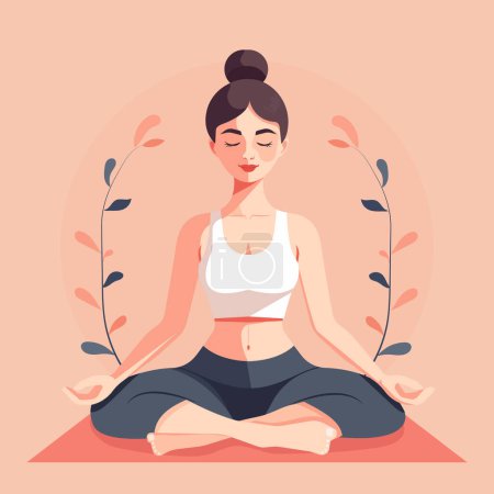 Illustration for Vector flat illustration of a young girl with a beautiful toned body doing yoga in the lotus position. - Royalty Free Image