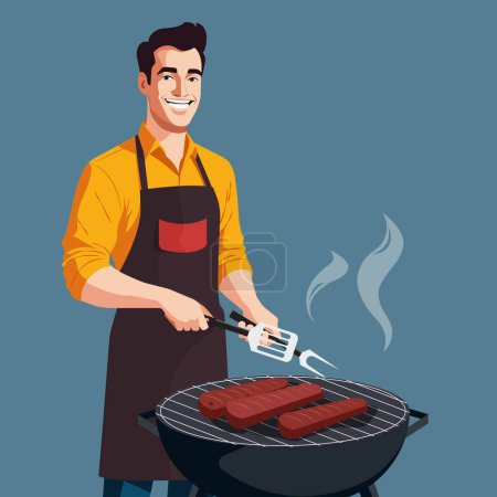Vector flat cartoon illustration of a young handsome man with a spatula and fork frying meat on a barbecue.