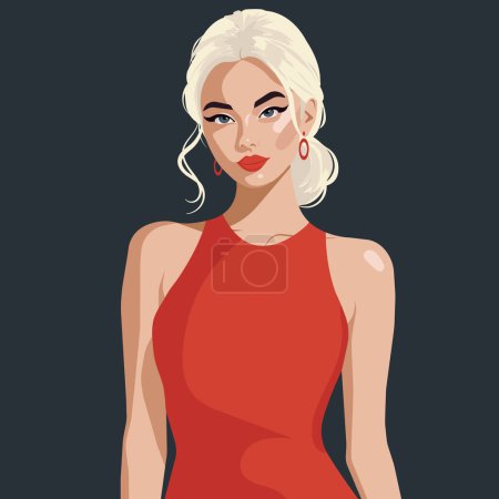 Illustration for Vector flat fashion illustration of a young beautiful blonde woman in a red dress with bare shoulders. - Royalty Free Image