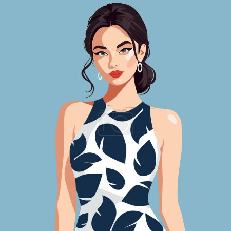 Vector flat fashion illustration of a beautiful young woman in a stylish dress with a summer print.