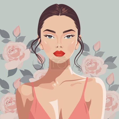Ilustración vectorial de una joven hermosa mujer de aspecto europeo con la piel facial limpia y bien arreglada desde el frente sobre un delicado fondo floral.