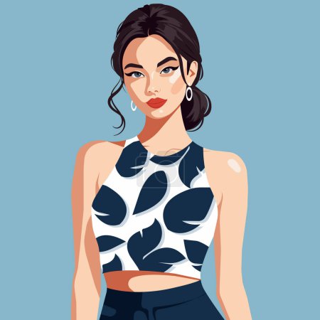 Illustration vectorielle de mode plate d'une belle jeune femme portant des leggings confortables et un haut court avec une impression d'été.