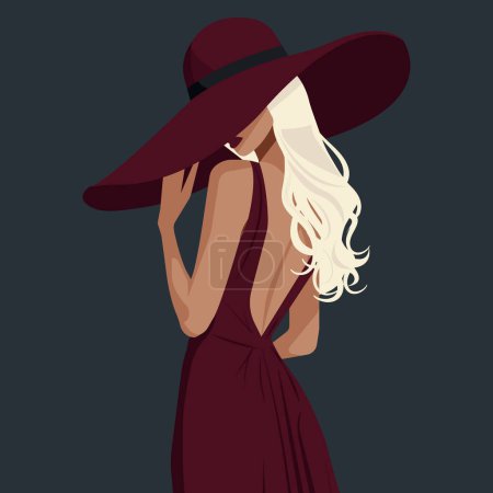 Vector flache Mode Illustration einer jungen blonden Frau trägt einen Hut und ein elegantes rückenloses Kleid.