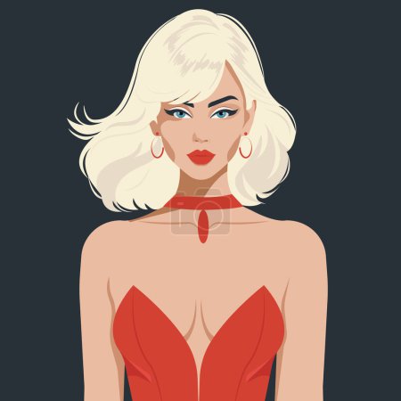 Vector flat fashion illustration of a sexy young blonde woman in an elegant red dress with bare shoulders and a deep neckline.