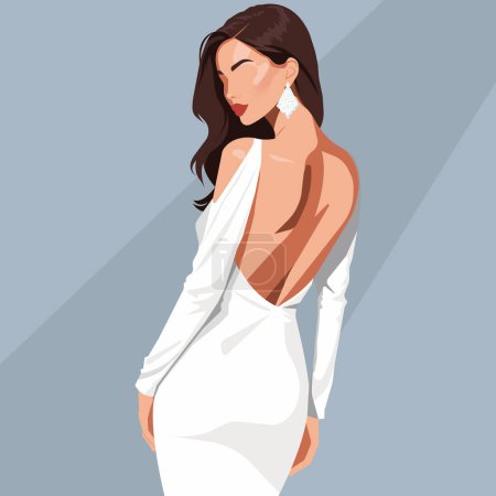 Vector flat fashion illustration of a young sexy bride in an elegant white backless dress. Back view.