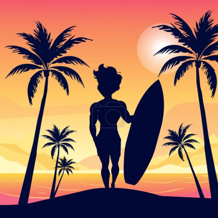 Vector flat summer romantic landscape with silhouette of palm trees and surfer with board at sunset.