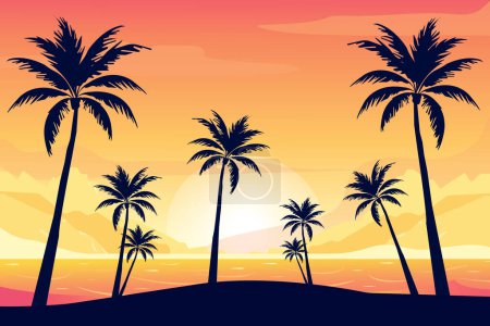 Vector flat summer romantic landscape with silhouettes of palm trees at sunset.