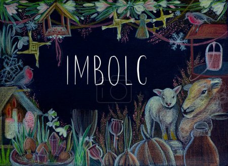 Symbole von Imbolc, Bleistiftzeichnung auf schwarzem Hintergrund, Schrift