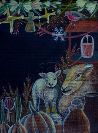 Symbole von Imbolc. Bleistiftzeichnung auf schwarzem Hintergrund, Schaf und Lampe