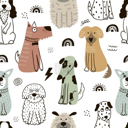 Kinderzimmer nahtlose Muster mit niedlichen Hunden. Gekritzelte Haustiere auf weißem Hintergrund. Es kann für Tapeten, Bekleidung, Papier verwendet werden. 