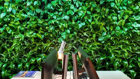 Téléchargez les photos : Helsinki, Finlande - 14 / 4 / 2020 : Mur vert moderne et de haute technologie avec des plantes naturelles dans un espace de bureau - en image libre de droit