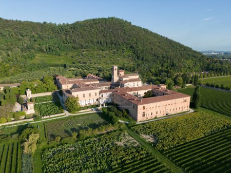 Aerial view of Benedictine monastery Abbazia di Praglia in Bresseo, Teolo by Padua in Italy as a Christianity, religion, and Catholicism concept