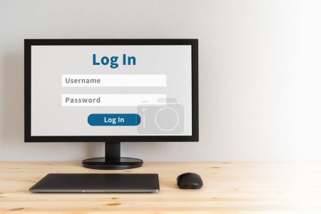 Log in page; laptop, mouse and a display.-stock-photo