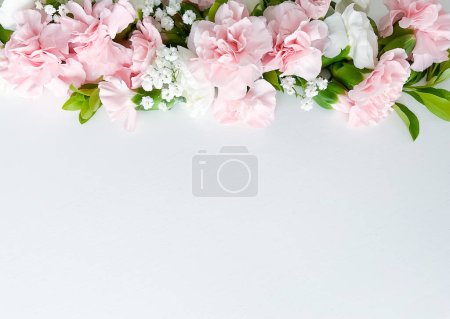 Nahaufnahme Foto eines Straußes rosa und weißer Nelken isoliert auf weißem Hintergrund. Mit leerem Raum für Text oder Beschriftung. Für Postkarte, Werbung oder Website.