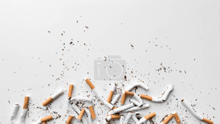 Weggeworfene zerquetschte Zigaretten und verstreuter Tabak auf weißem Hintergrund, der das Aufhören und das Ende des Rauchens mit Kopierraum darstellt. Kein Tabaktag. Hochwertiges Foto