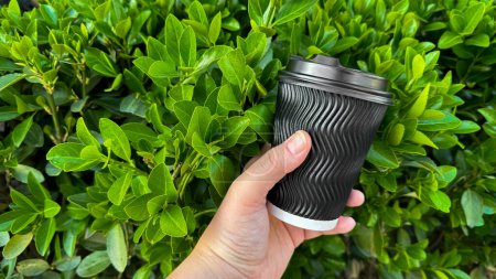 Close up of hand holding ribbed black disposable coffee cup with lid against vibrant green boxwood hedge background. Quick coffee break outdoors concept. High quality photo