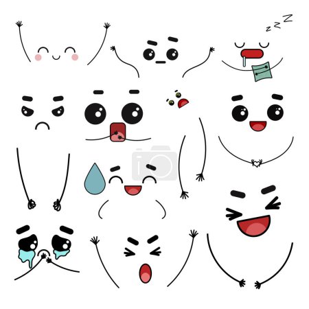 Illustration for Cartoon faces. Expressive eyes and mouth, smiling, crying and surprised character face expressions. Caricature comic emotions or emoticon doodle. Isolated vector illustration icons set - Royalty Free Image