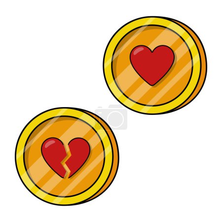 Ilustración de Golden coin with isolated heart sign. Cartoon style. Lot. Love or dislike. Vector illustration of a gold coin. Gold in the form of a coin. For Valentines Day divination - Imagen libre de derechos