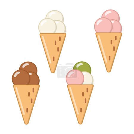 Téléchargez les illustrations : Soft ice cream of different flavors in cone design elements for summer season isolated on white background. In cartoon style. flat style - en licence libre de droit