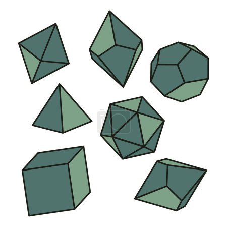 Vector illustration in green color of dice for role-playing games with four, six, eight, twelve and twenty faces. Dice set