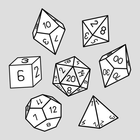 Illustration for Vector set of dice for fantasy board games dnd and rpg. Polyhedral board game dice with different sides d4, 6, 8, 10, 12, 20 isolated on white background - Royalty Free Image