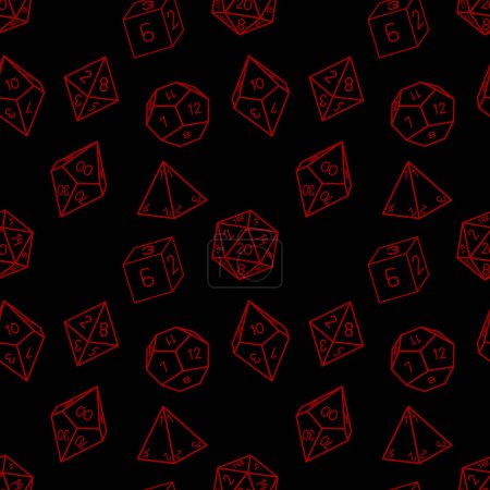 Illustration for Seamless pattern of D4, 6, 8, 10, 12 and 20 dice for board games. Red dice on a black background. - Royalty Free Image