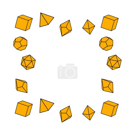 Yellow dice frame in square shape, hand drawn vector illustration. Blank template element for postcard or photo frame design. Dice for playing dnd. Abstract illustration. d20, 6, 4, 12, 8. Board game