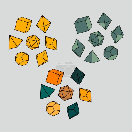 Vektorillustration eines Würfelsets in verschiedenen Farben. Gelb, grün, orange und bunt. Vereinzelt auf weißem Hintergrund. Für Rollenspiele mit vier, sechs, acht, zwölf und zwanzig Gesichtern.