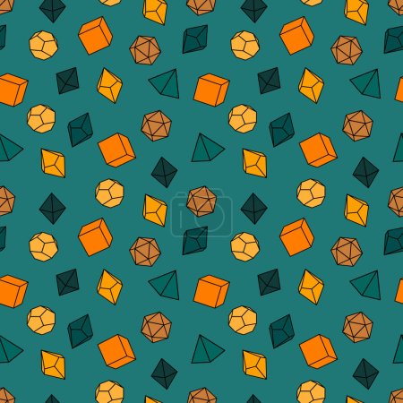 Illustration for Pattern of D 4, 6, 8, 10, 12 and 20 dice for board games. Seamless. For table mat. Dice for playing dnd. - Royalty Free Image