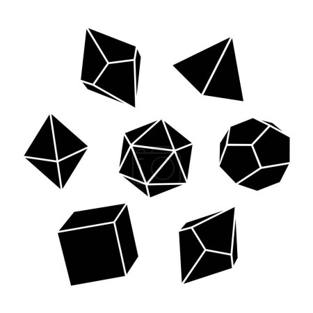 Vector illustration of black color dice for role playing games with four, six, eight, twelve and twenty faces. Dice set