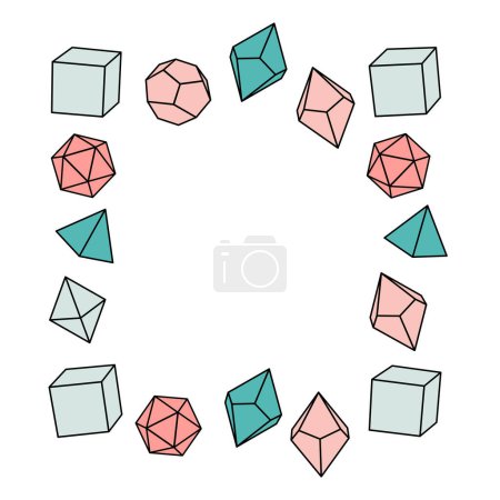 Pink dice frame in square shaped, hand drawn vector illustration. Blank template element for postcard or photo frame design. Dice for the game dnd. Abstract illustration. d20, 6, 4, 12, 8. Board game