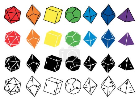 Ilustración vectorial en blanco y negro y dados multicolores para juegos de rol con cuatro, seis, ocho, doce y veinte caras con números en ellos