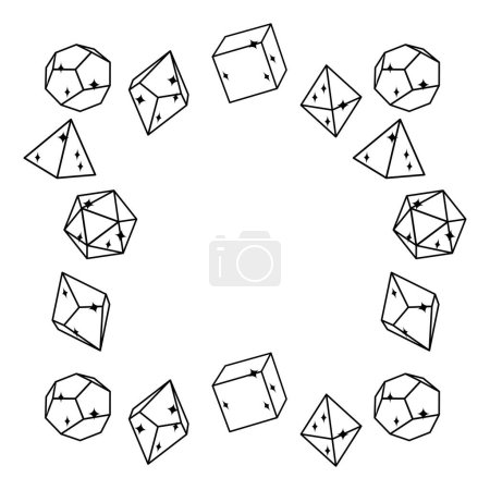 White dice frame in square shape, hand drawn vector illustration. Blank template element for postcard or photo frame design. Dice for playing dnd. Abstract illustration. d20, 6, 4, 12, 8. Board game