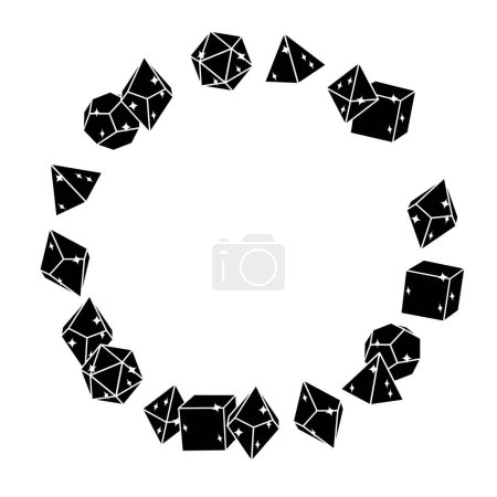 Illustration for Black dice frame in round shape, hand drawn vector illustration. Blank template element for postcard or photo frame design. Dice for the game dnd. Abstract illustration. d20, 6, 4, 12, 8. Board game - Royalty Free Image