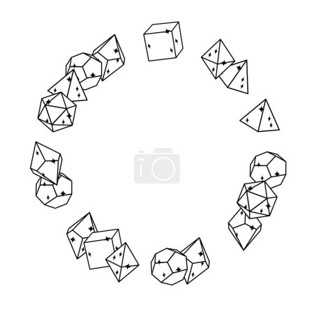 White dice frame in round shape, hand drawn vector illustration. Blank template element for postcard or photo frame design. Dice for the game dnd. Abstract illustration. d20, 6, 4, 12, 8. Board game