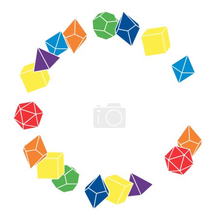 Illustration for Multicolored dice frame in round shape, hand drawn vector illustration. Blank template element for postcard or photo frame design. Dice for the game dnd. d20, 6, 4, 12, 8. Board game - Royalty Free Image